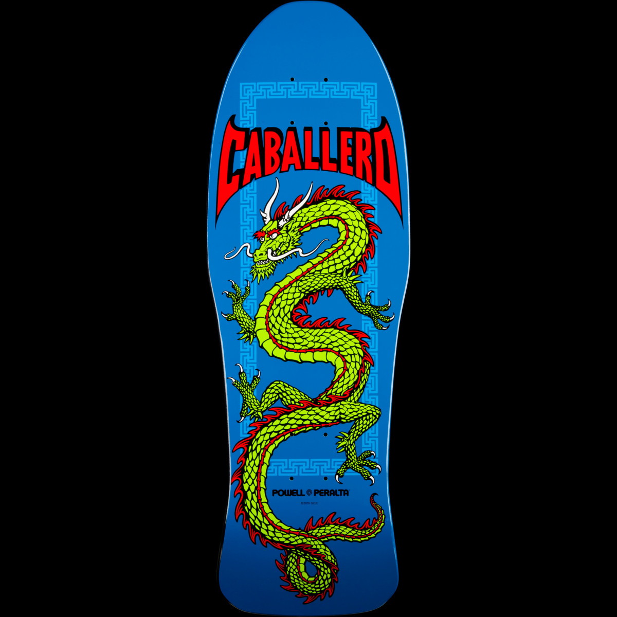 Powell Peralta Can Chinese Dragon Blem skateboard deck: A lime green Chinese dragon with red fins winds down a blue deck inside a pale blue Greek-key border, under red CABALLERO lettering in a pointed banner. Powell Peralta logo near the tail.