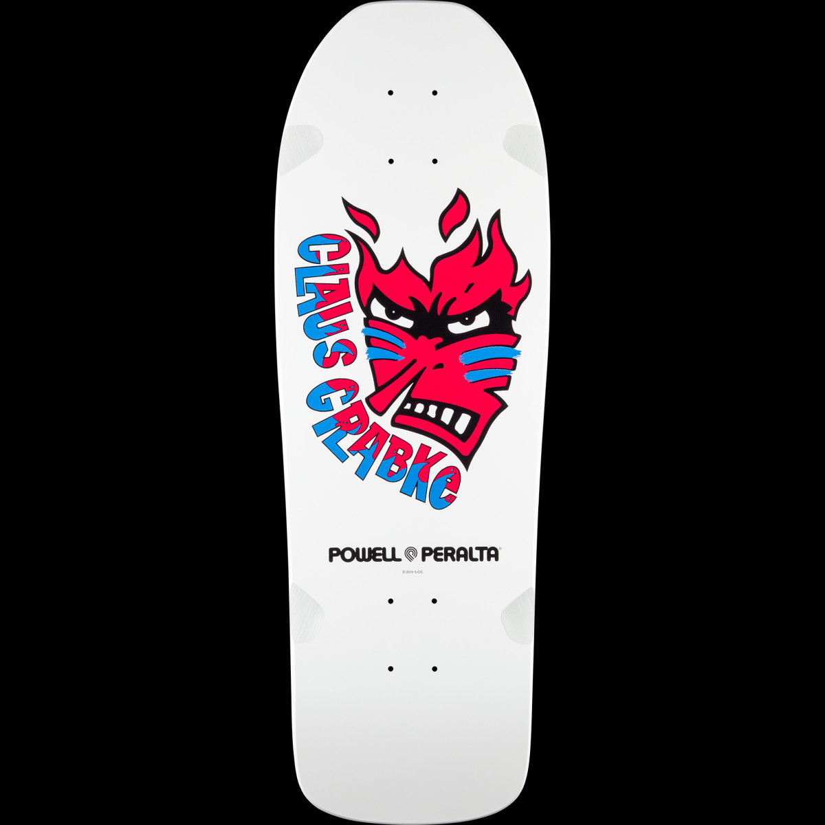 Powell Peralta Claus Grabke Blem Shape 287 SP0 skateboard deck: A red flaming angry face with blue war-paint stripes sits beside the name Claus Grabke in blue and red letters curving down its side. Powell Peralta logo at the bottom of a white old-school deck.