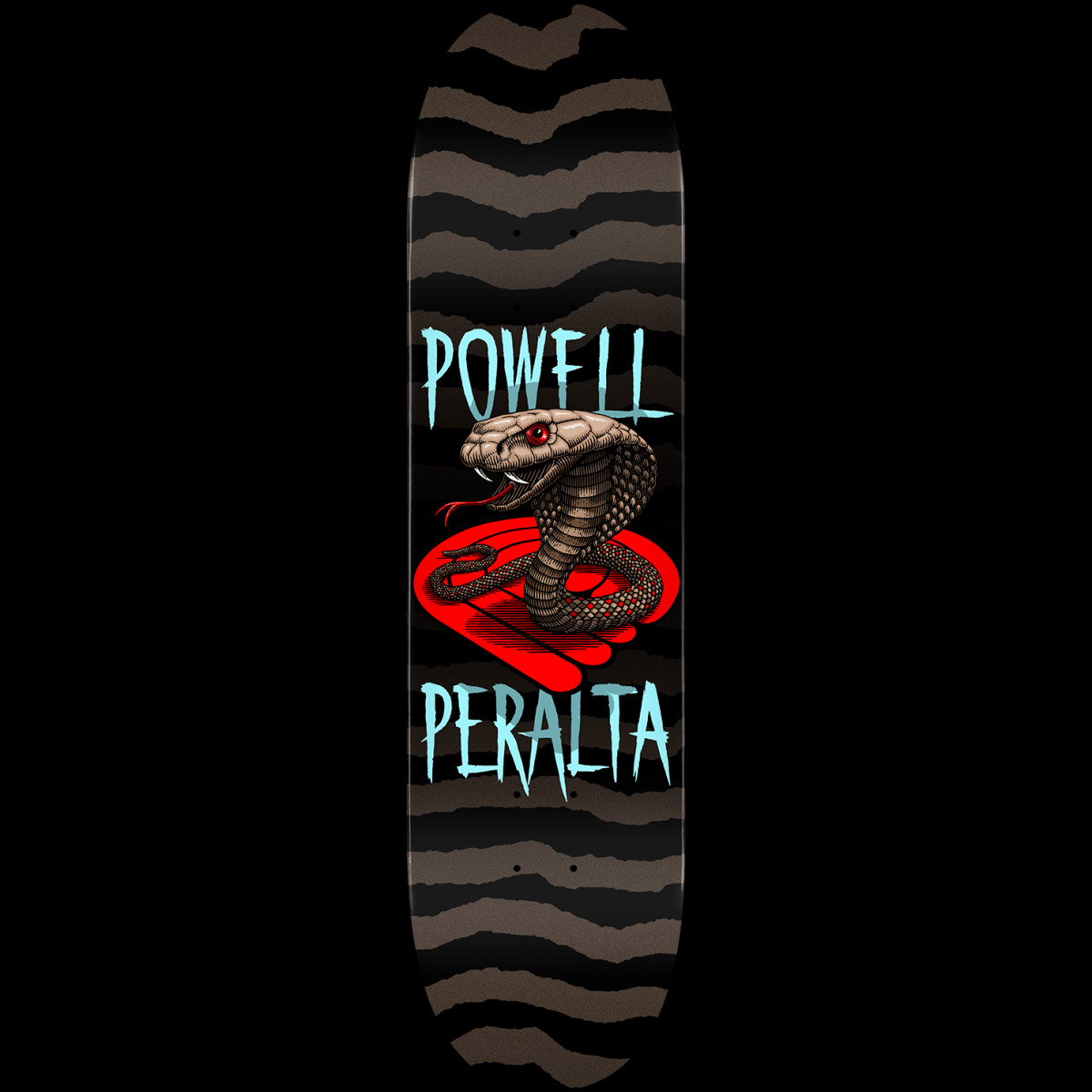Powell Peralta Cobra Blue - Shape 248 skateboard deck: A brown cobra with red eyes rearing over a red Powell Peralta bones-style logo shape, with large pale blue Powell and Peralta lettering above and below, on a black deck with grey torn stripes.