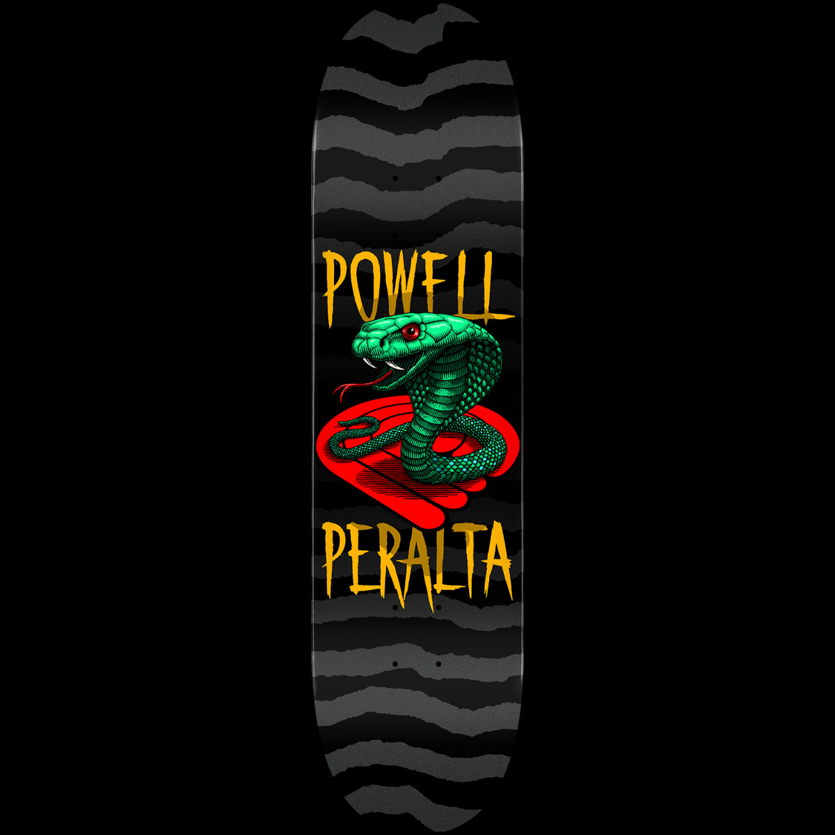 Powell Peralta Cobra Yellow - Shape 249 skateboard deck: A green cobra with a red eye and flared hood coils over a red Powell Peralta emblem, between large yellow lettering reading POWELL above and PERALTA below, on black with grey torn-edge stripes.