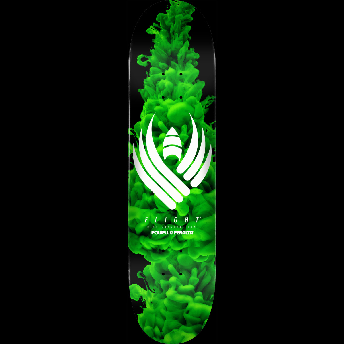 Powell Peralta Color Burst Green Flight - Shape 243 K20 skateboard deck: Black deck with a column of billowing green ink-in-water smoke running the length of the board, with a white winged Powell Peralta emblem over the top and FLIGHT deck construction beneath.