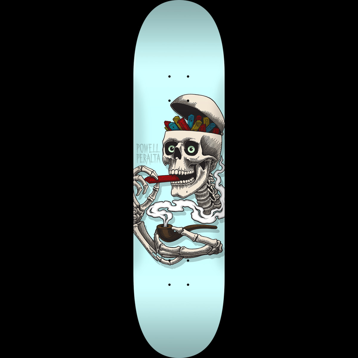 Powell Peralta Curb Skelly Blue - Shape 247 skateboard deck: A skeleton with the top of its skull opened like a lid, showing a stack of coloured blocks inside, smokes a red cigar with one hand and holds a smoking pipe in the other. 'Powell Peralta' is vertically printed beside it on a pale blue deck.