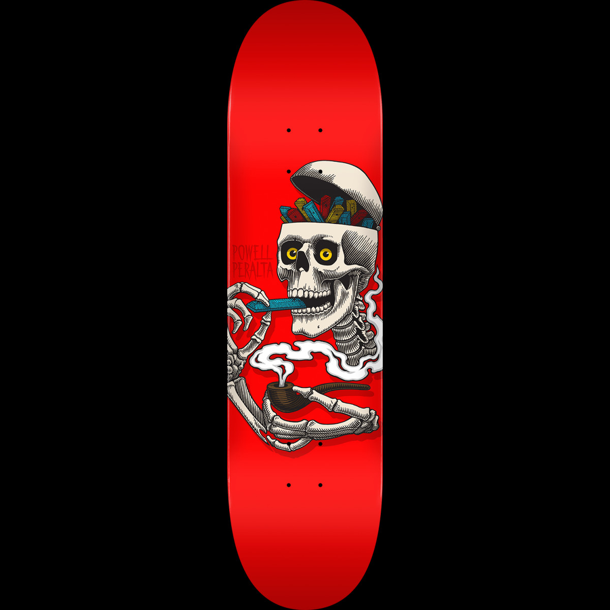 Powell Peralta Curb Skelly Red - Shape 248 skateboard deck: Skeleton with its skull lid open, full of skate stickers and holding a blue sticker in its teeth, while smoking a pipe. Powell Peralta name in small vertical text, on a plain red deck.