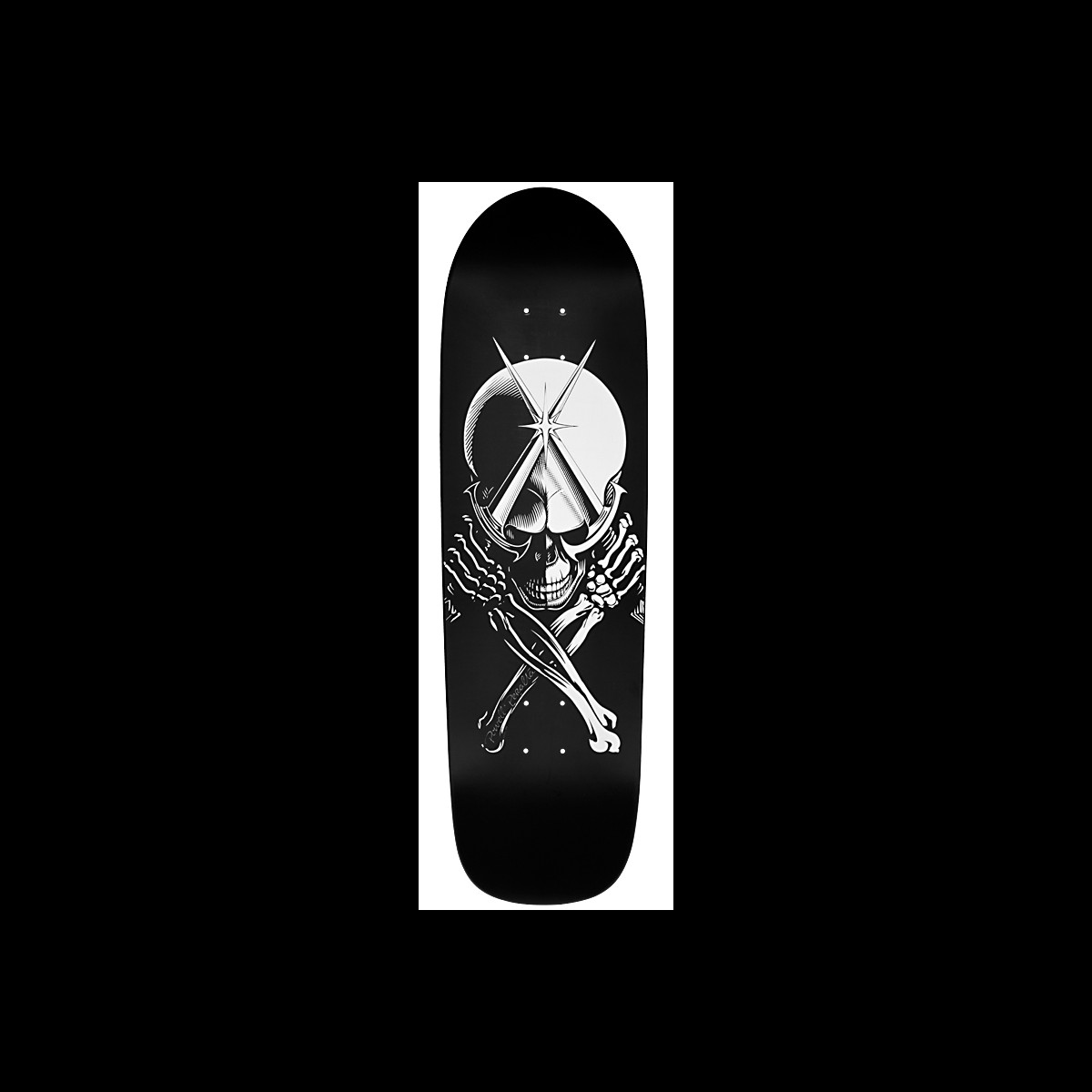 Powell Peralta Daggers skateboard deck: A white skull with crossed bones and skeletal hands holds two crossed daggers in front of a large pale circle, with star glints on the blades, on a black deck.