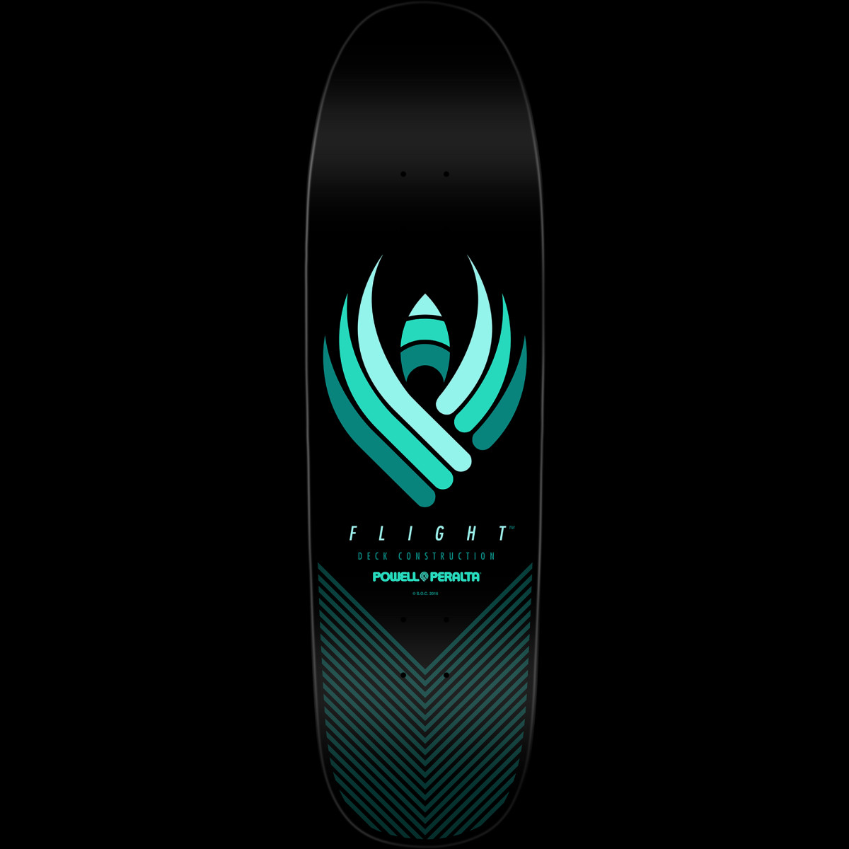 Powell Peralta Flight - Shape 192 skateboard deck: Teal-toned winged emblem with a rocket-like centre on a black deck, with Flight deck construction and Powell Peralta text beneath and a chevron of fine lines at the tail.