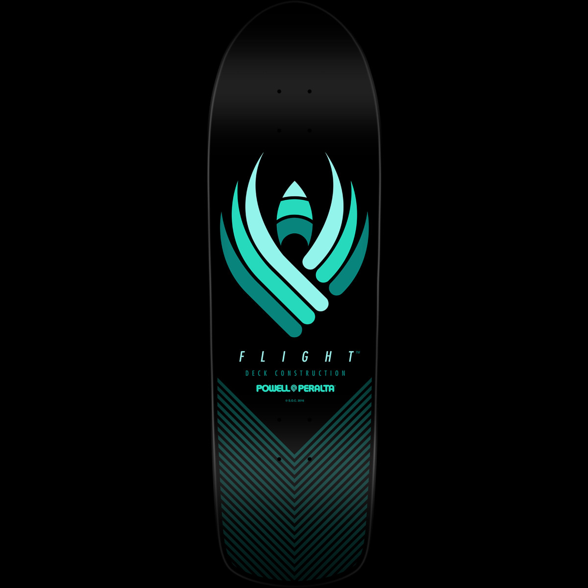 Powell Peralta Flight - Shape 280 skateboard deck: A teal winged emblem with a small rocket-like centre sits above Flight Deck Construction text and the Powell Peralta name, with a chevron of fine teal stripes at the tail on a black deck.
