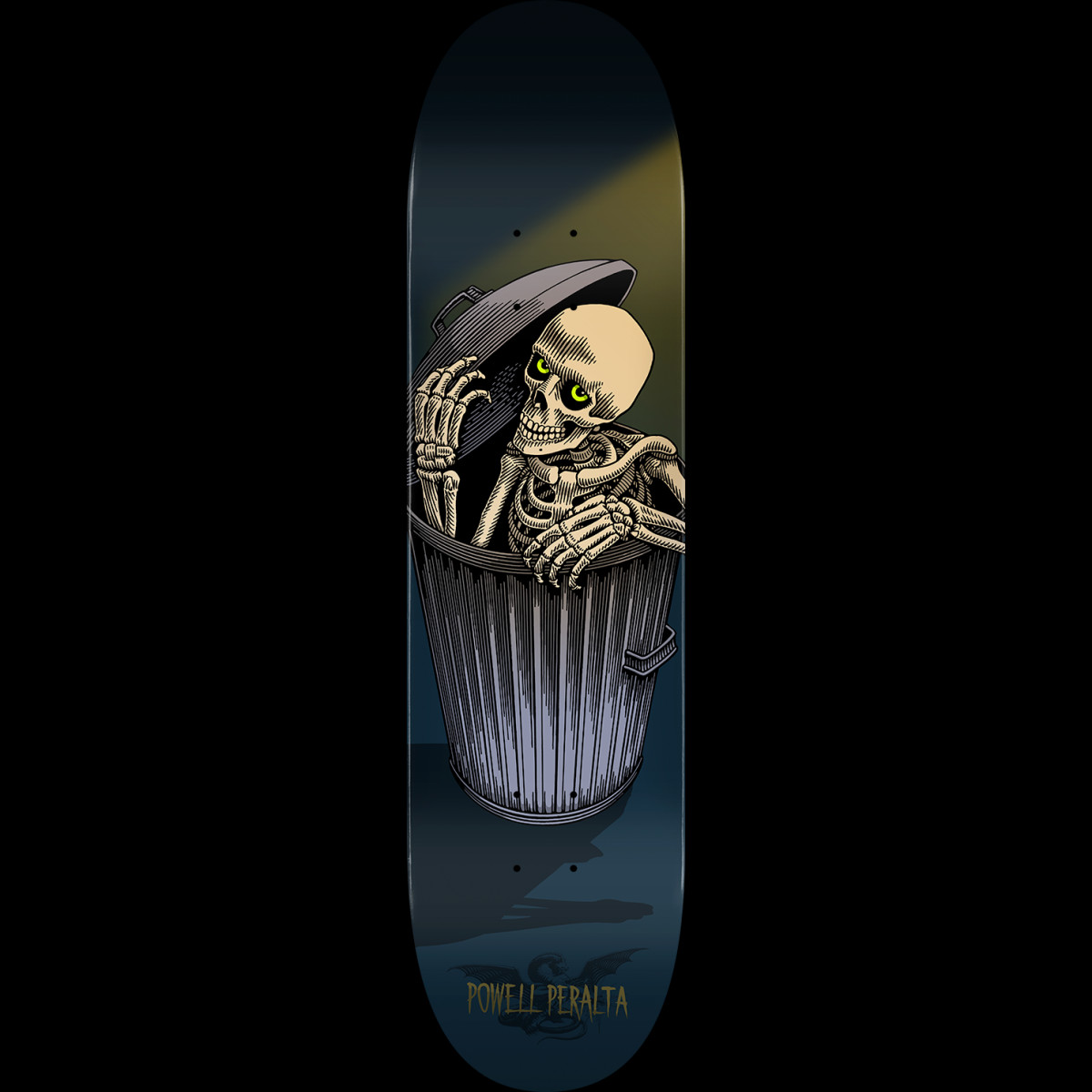 Powell Peralta Garbage Can Skelly Blue - Shape 242 skateboard deck: Skeleton with green eyes lifting the lid of a metal dustbin and peering out, against a dark blue background with a yellow spotlight glow. Powell Peralta name and small bat dragon logo at the tail.