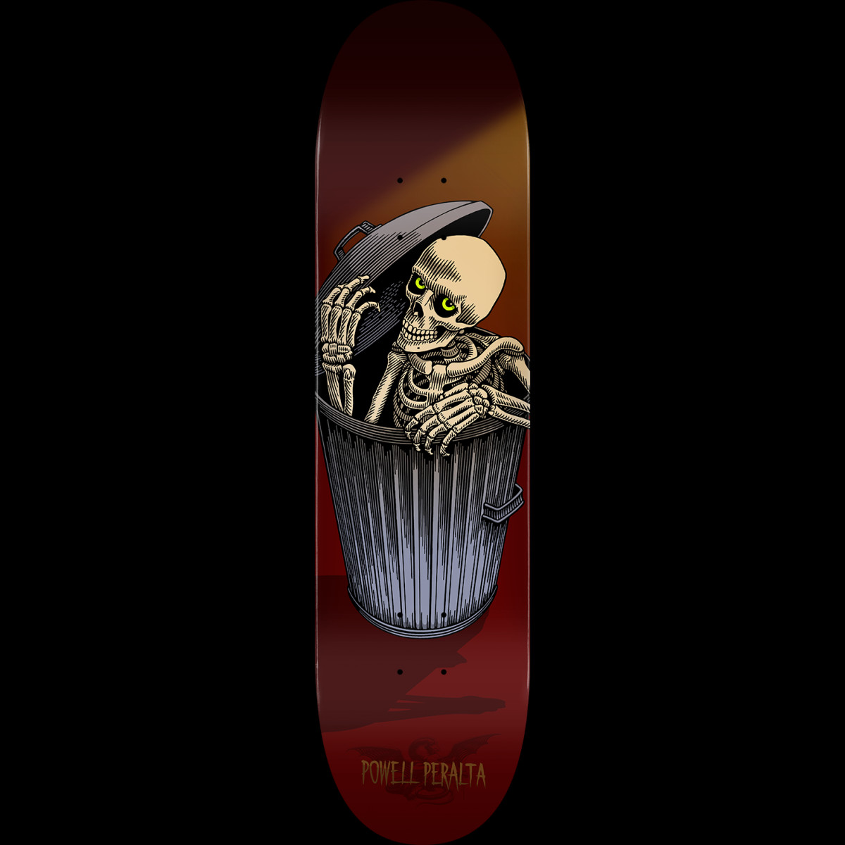 Powell Peralta Garbage Can Skelly Burgundy - Shape 243 skateboard deck: Skeleton with green eyes lifting the lid of a metal dustbin and peering out, against a burgundy background with a yellow spotlight glow. Powell Peralta name and small bat dragon logo at the tail.