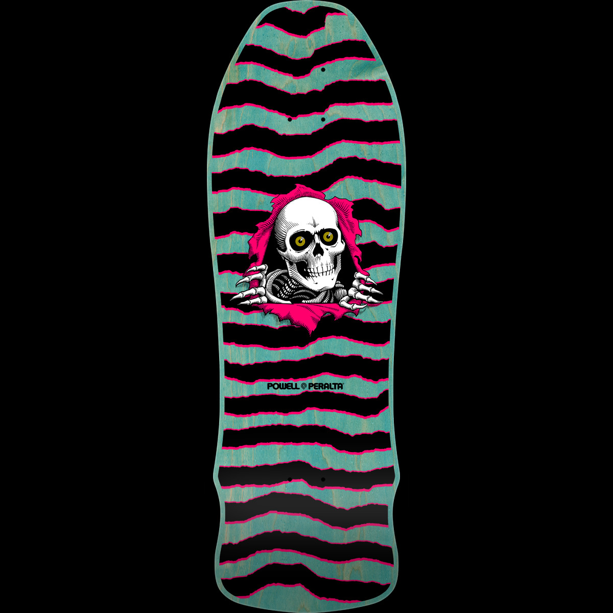 Powell Peralta GeeGah Ripper Teal Stain skateboard deck: Smiling skull with yellow eyes and skeletal hands tearing through a hot pink rip, set on a teal-stained deck with jagged black and pink horizontal stripes. Powell Peralta logo beneath.