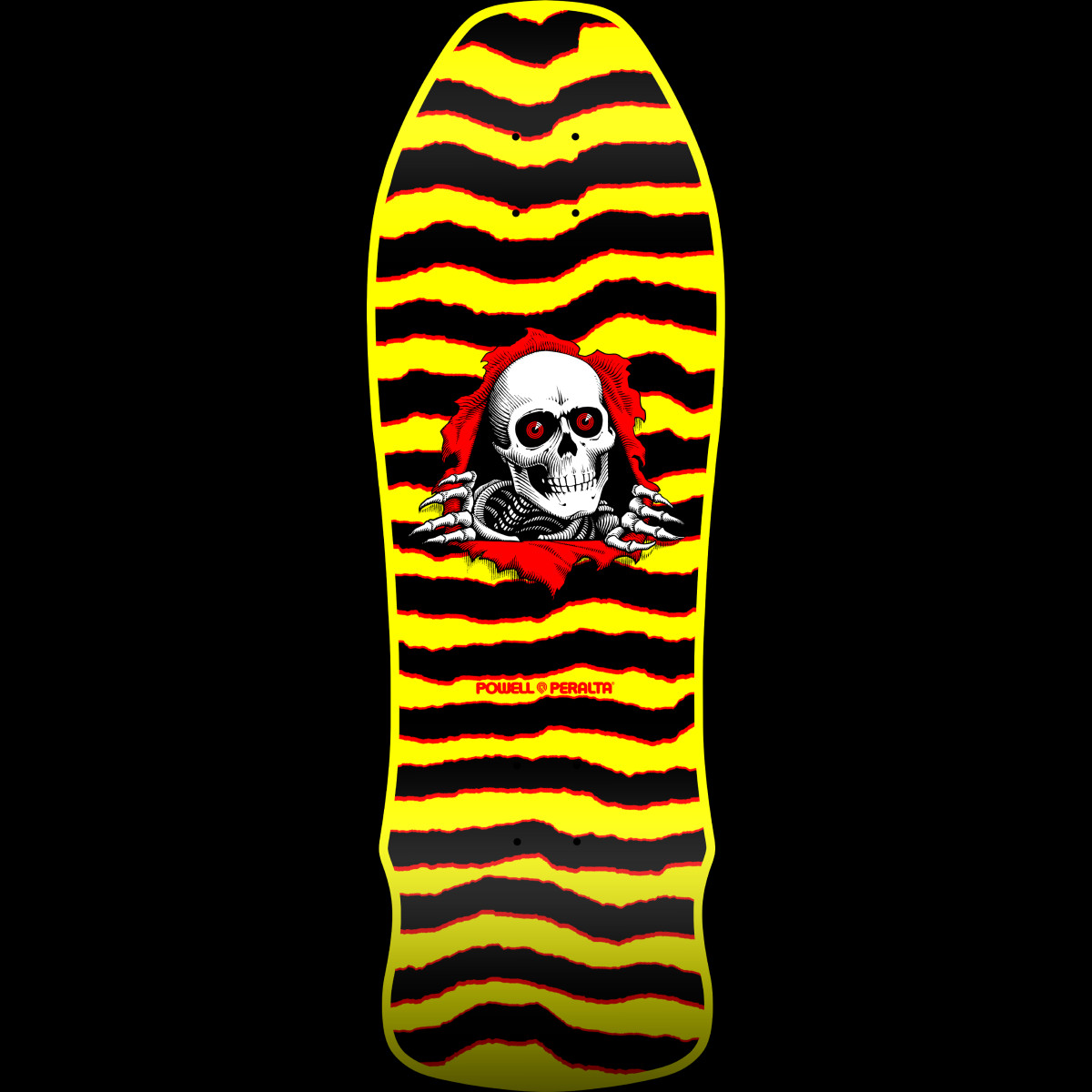 Powell Peralta GeeGah Ripper Blem Yellow - 9.75 skateboard deck: A white skull with red eyes and skeletal claws tears through a red torn background, over yellow and black ragged horizontal stripes on an old-school shaped deck.