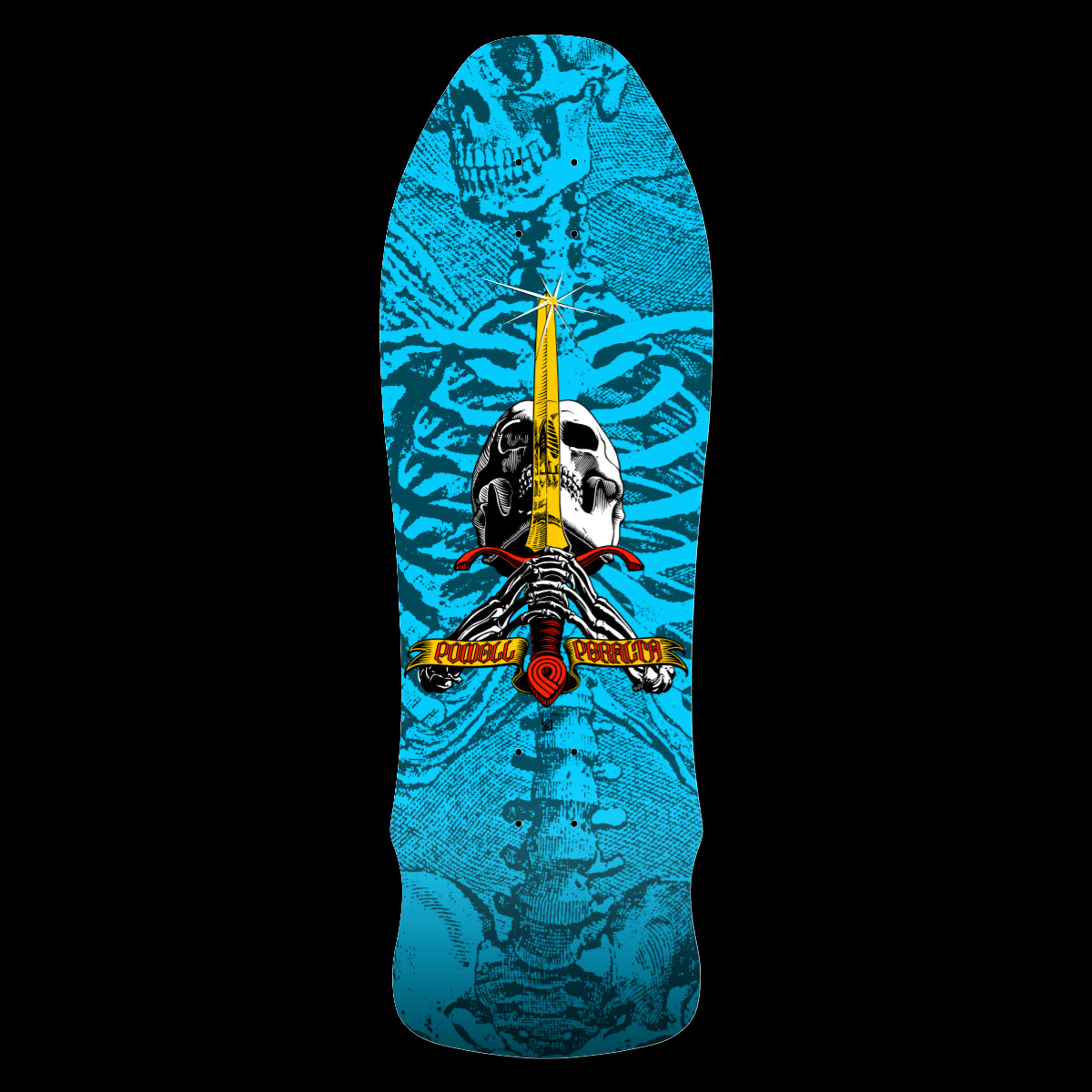 Powell Peralta Geegah Skull and Sword Blem Blue skateboard deck: Skull pierced by a golden sword and gripped by skeletal hands, with a Powell Peralta banner, over a large engraved blue skeleton spine and ribcage on a blue deck.