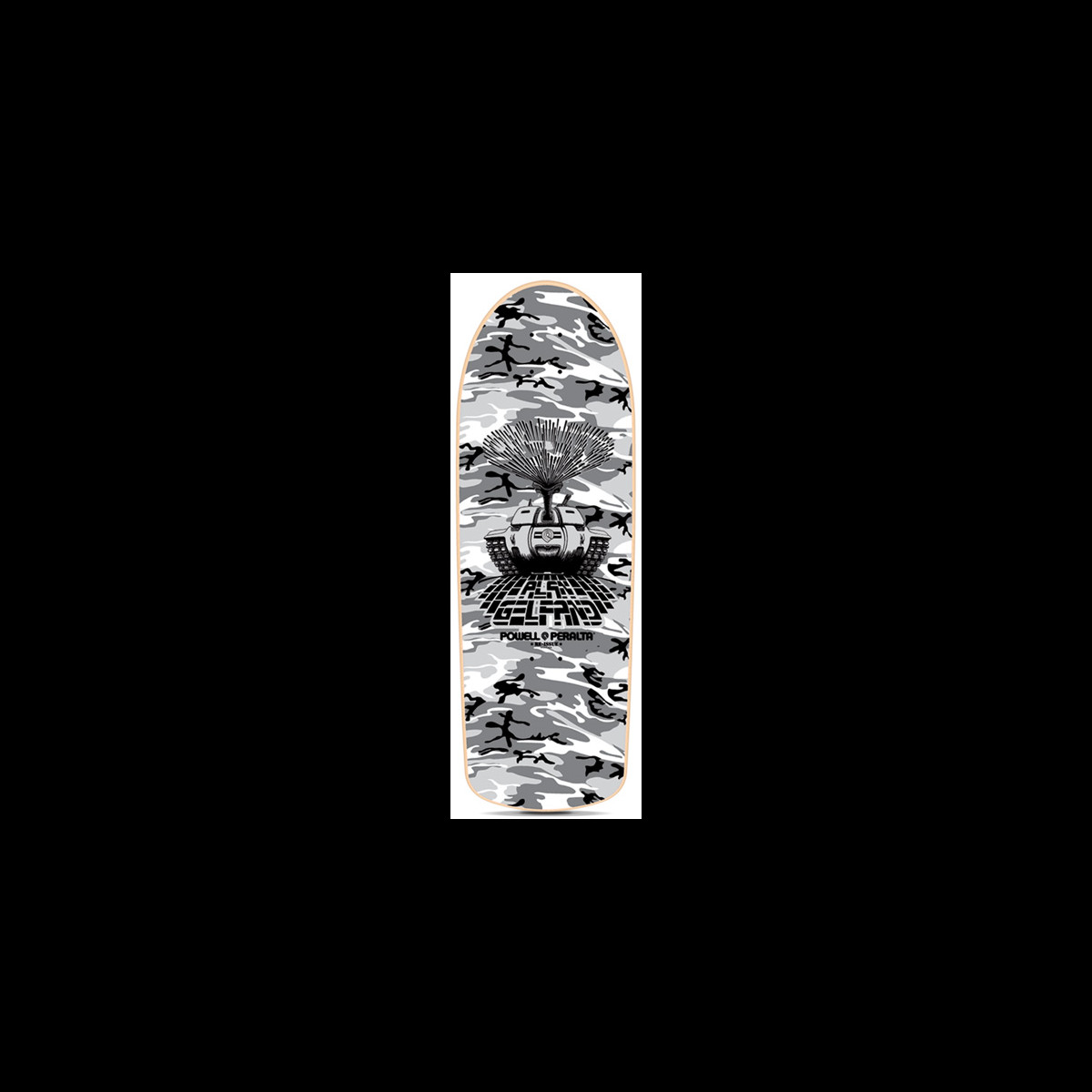 Powell Peralta Gelfand Snow Camo skateboard deck: Tank with a tree-like burst of lines from its turret, with name lettering over a grid, on a grey, white and black snow camouflage pattern.