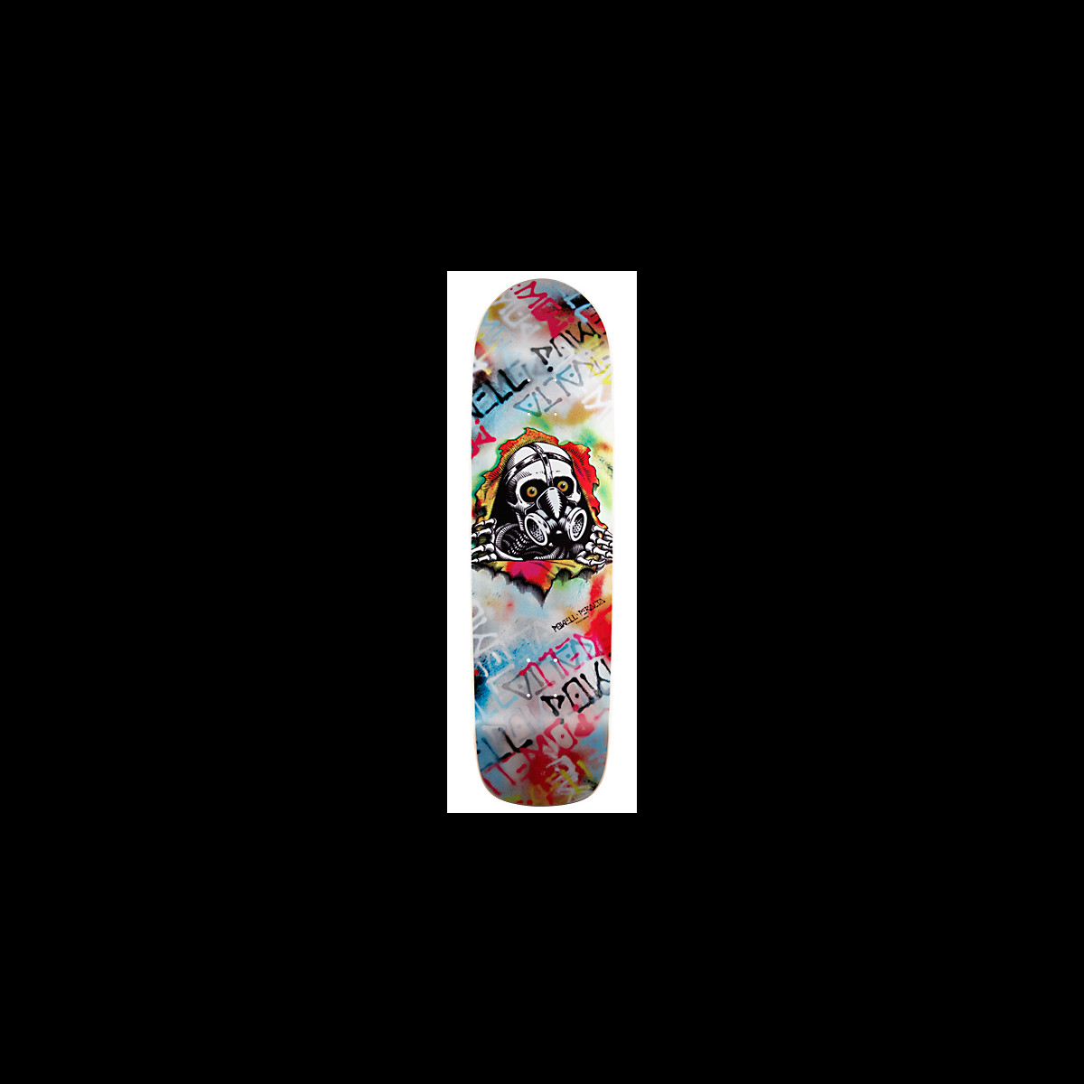 Powell Peralta Graffiti Ripper skateboard deck: A skull in a gas mask with amber eyes and skeletal hands bursts through a torn hole, over a spray-painted graffiti background of tags and Powell Peralta lettering in red, blue and grey.