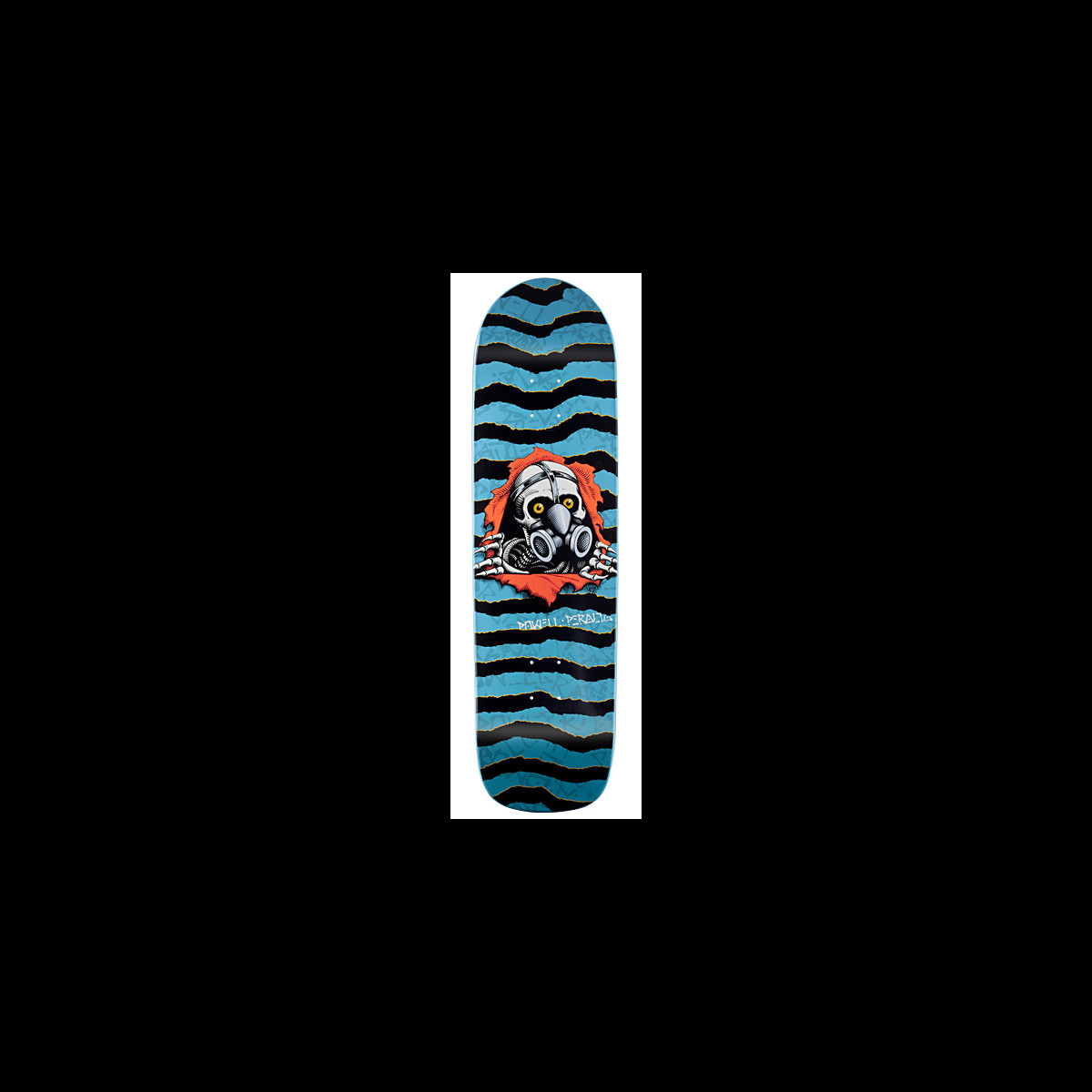 Powell Peralta Graffiti Ripper Blue skateboard deck: A skull in a gas mask with skeletal hands tears through the deck from an orange ripped-paper hole, set against wavy torn-looking bands of blue and black. A small graffiti-style logo sits below the skull.