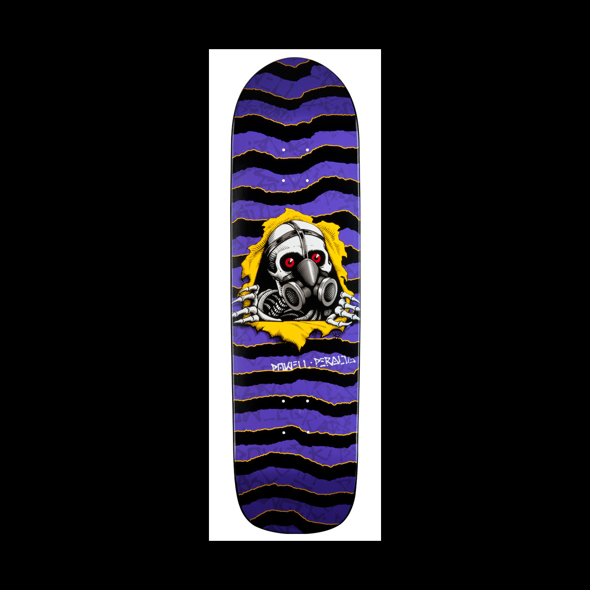 Powell Peralta Grafitti Ripper Purple skateboard deck: Purple and black torn-stripe deck with a skull wearing a gas mask and red eyes bursting through a yellow ripped hole, skeletal hands gripping the edges. Powell Peralta in graffiti-style lettering below.