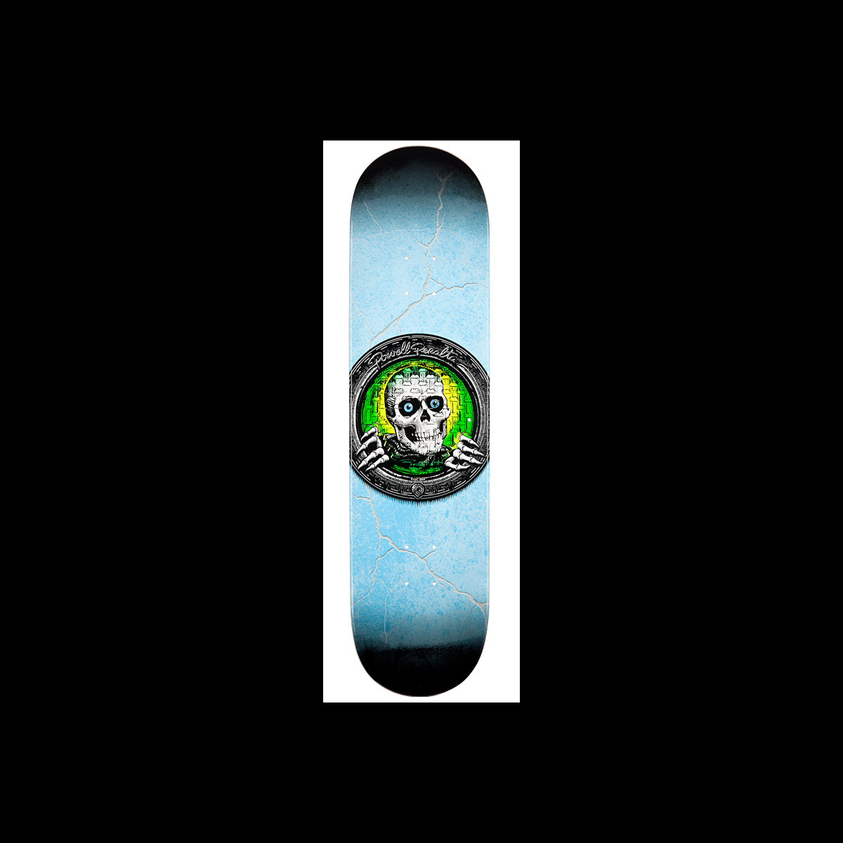 Powell Peralta Green Pool Light Ripper skateboard deck: Pale blue deck with a cracked, weathered texture and a round metal porthole at the centre showing a white skull with blue eyes and skeletal hands over a green and yellow glow. Powell Peralta signature across the top of the ring.
