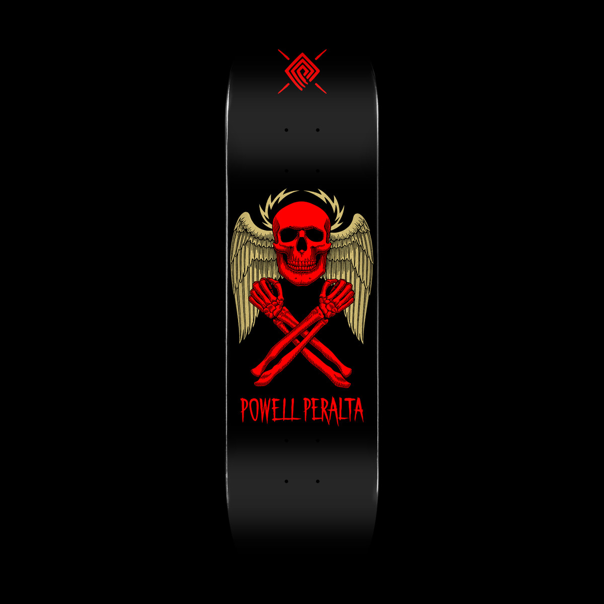Powell Peralta Halo Bolt Black - Shape 248 skateboard deck: Red skull with golden wings and a barbed halo above crossed skeleton arms, centred on a black deck. A small red Powell Peralta emblem sits at the top and the brand name is printed below the skull.