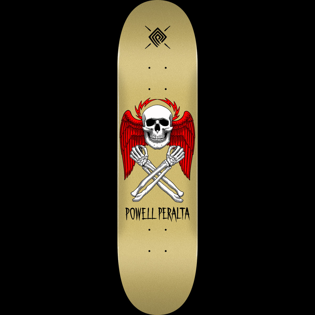 Powell Peralta Halo Bolt Gold - Shape 247 skateboard deck: White skull with red wings and a spiky red halo above crossed skeleton arms, on a gold deck. Powell Peralta name in black below and a small square logo at the top.