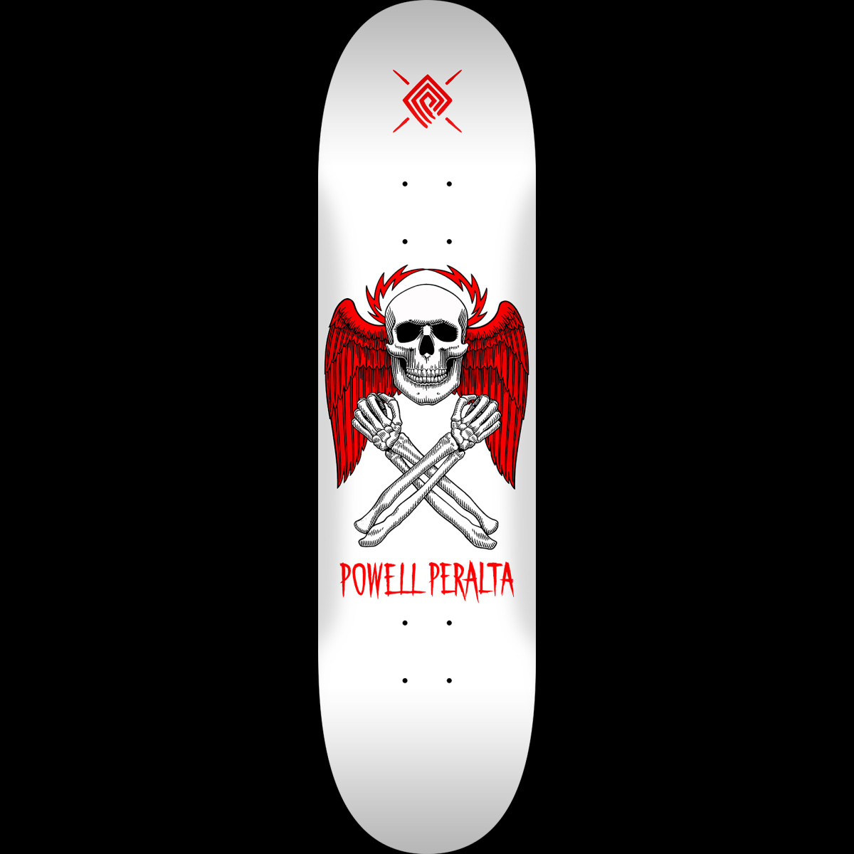 Powell Peralta Halo Bolt White - Shape 249 skateboard deck: Skull with red wings and a red halo-like lightning bolt crown, its skeletal arms crossed beneath. Powell Peralta name in red lettering below and a small red logo at the top, on white.