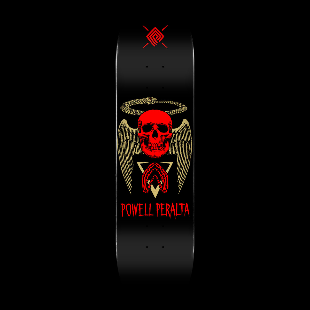 Powell Peralta Halo Snake Black - Shape 243 skateboard deck: Red skull with gold wings and a gold snake curled above it as a halo, with red skeletal hands in prayer over a gold triangle. Powell Peralta name in red below, small red logo at the top, on black.