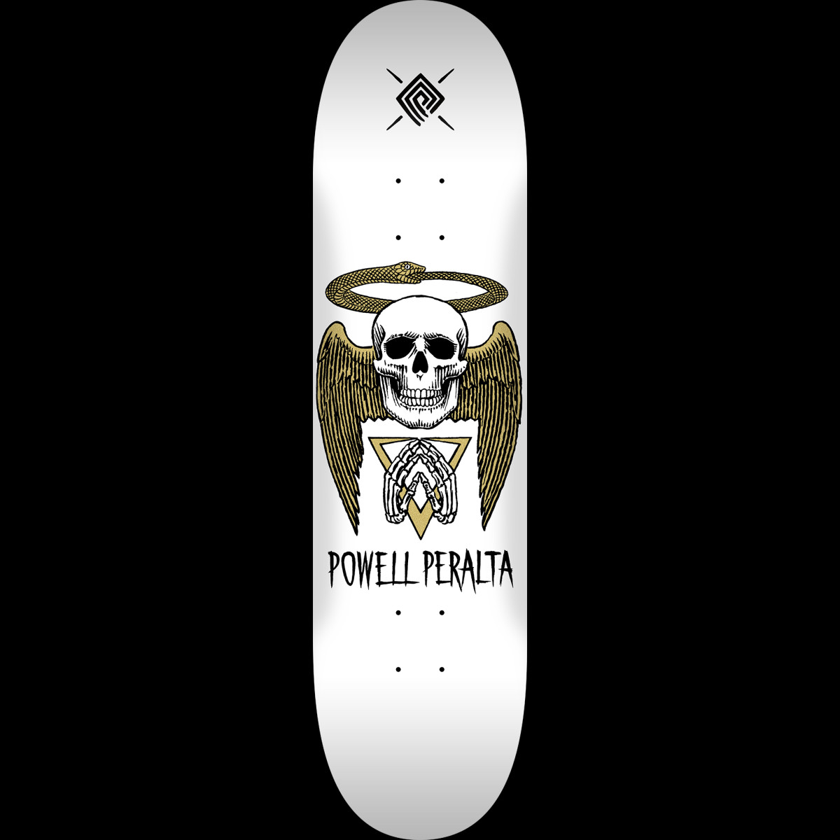 Powell Peralta Halo Snake White - Shape 244 skateboard deck: Skull with golden wings and a snake forming a halo above, with skeletal hands in prayer over a triangle motif, on a white deck. Powell Peralta name below and a small emblem at the top.