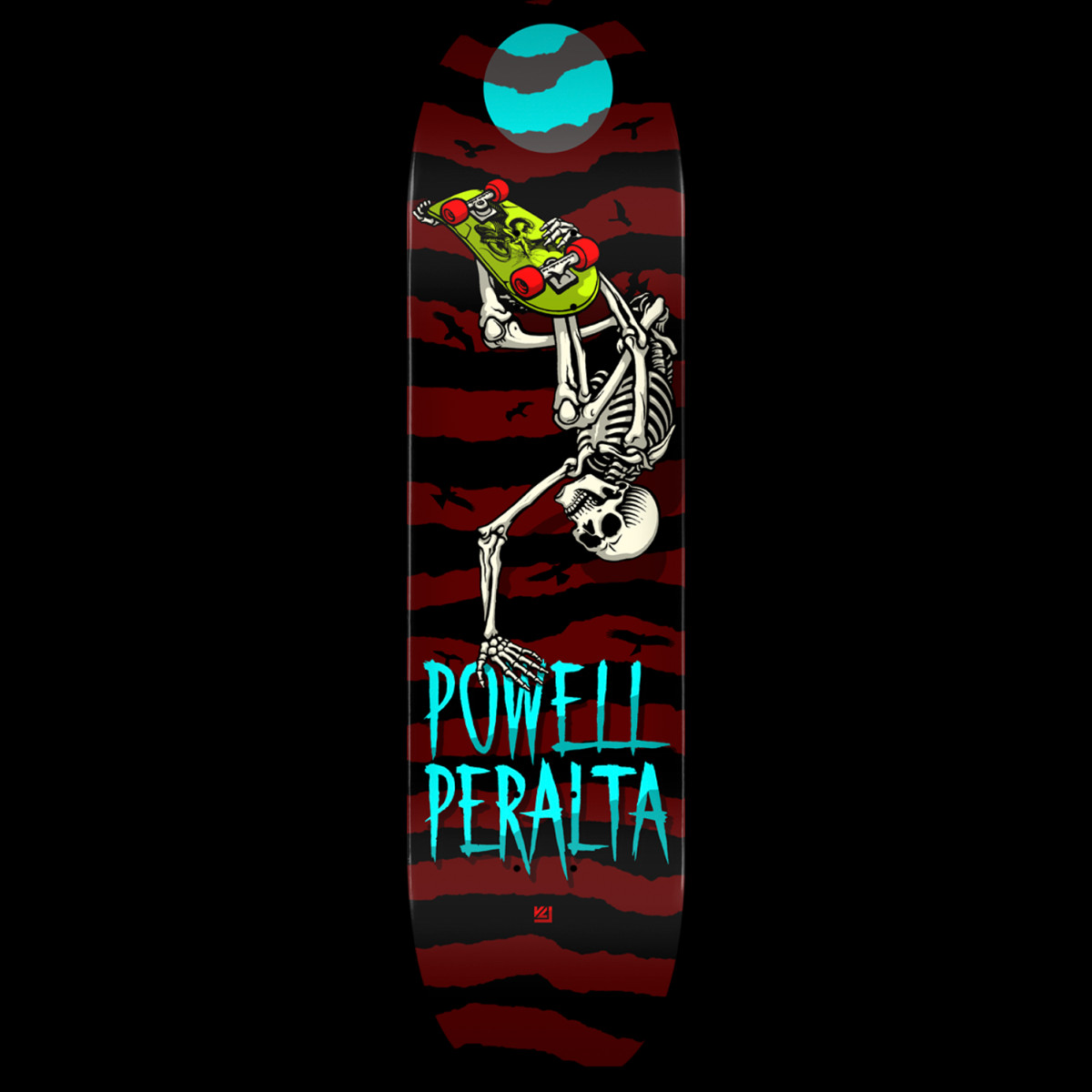 Powell Peralta Handplant Skelly Burgundy - Shape 243 skateboard deck: A skeleton performing a handplant while holding a lime green skateboard with red wheels, under a teal moon, over burgundy and black torn stripes with birds, and teal lettering below.