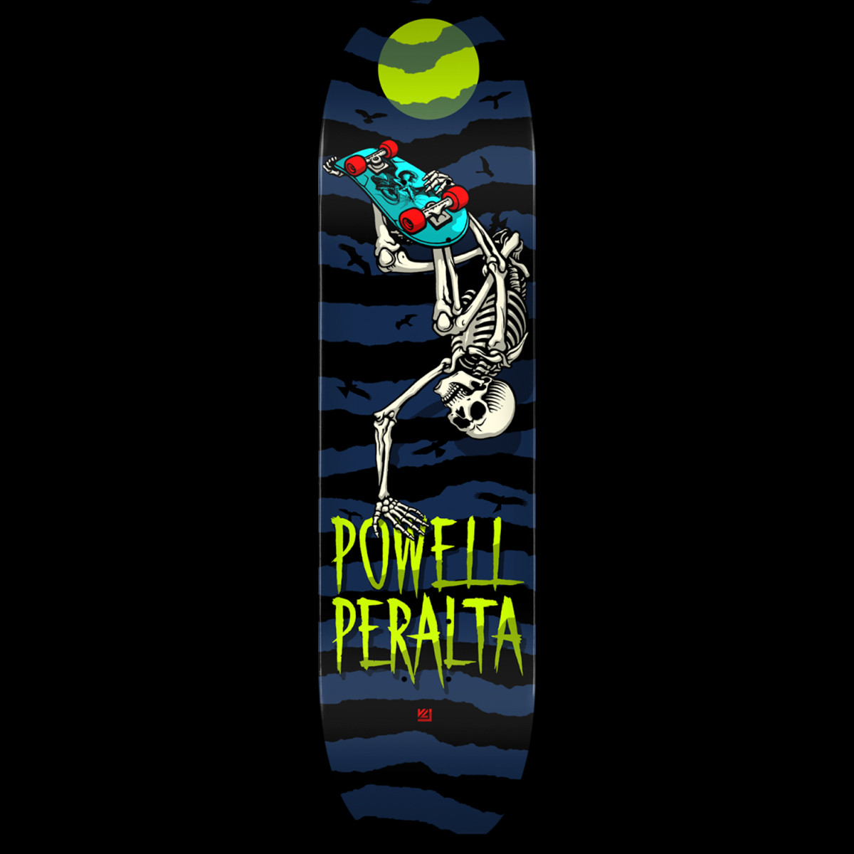 Powell Peralta Handplant Skelly Navy skateboard deck: A skeleton does a one-handed handplant while gripping a teal skateboard, under a large lime-green moon with bats and birds flying, over a navy and black torn-stripe background, with 'Powell Peralta' in dripping lime lettering below.