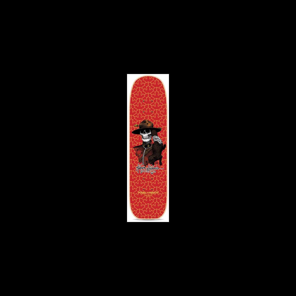 Powell Peralta Harris Mountie Red skateboard deck: A skeleton in a Mountie hat and red tunic strokes a bear cub, set on a red deck patterned with repeating maple leaves, with a signature and Powell Peralta text below.