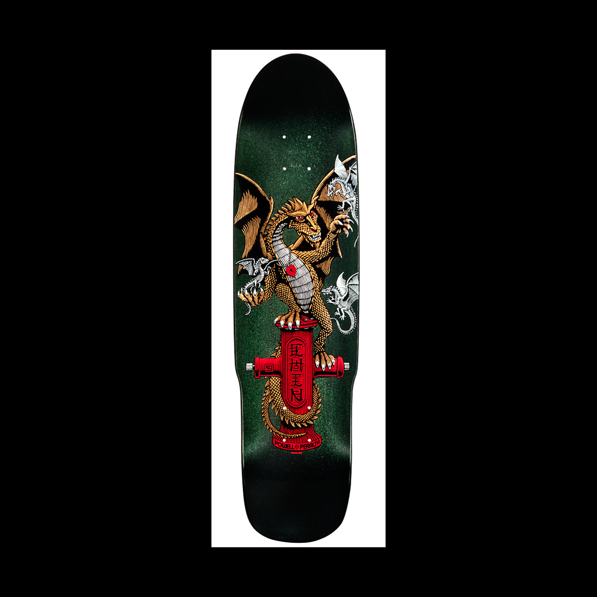 Powell Peralta Hydrant Dragon 2 skateboard deck: A golden-brown winged dragon coiled around a red fire hydrant with Chinese characters, with small silver dragons around it, on a dark metallic green deck.