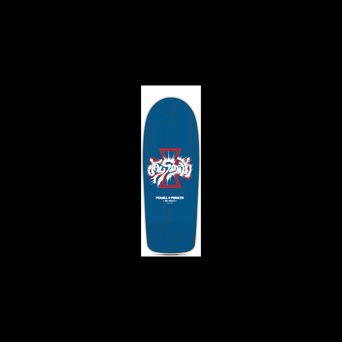 Powell Peralta Jay Smith Model skateboard deck: A jagged, spiky hand-lettered signature in white and red sits over a red hourglass-like cross shape on a blue stained deck, with the Powell Peralta re-issue logo beneath.