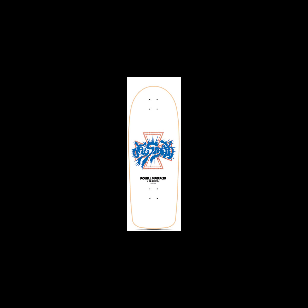 Powell Peralta Jay Smith Model White skateboard deck: Spiky blue hand-drawn signature lettering over an orange outlined cross shape in the middle of a white deck, with a small Powell Peralta re-issue logo below.