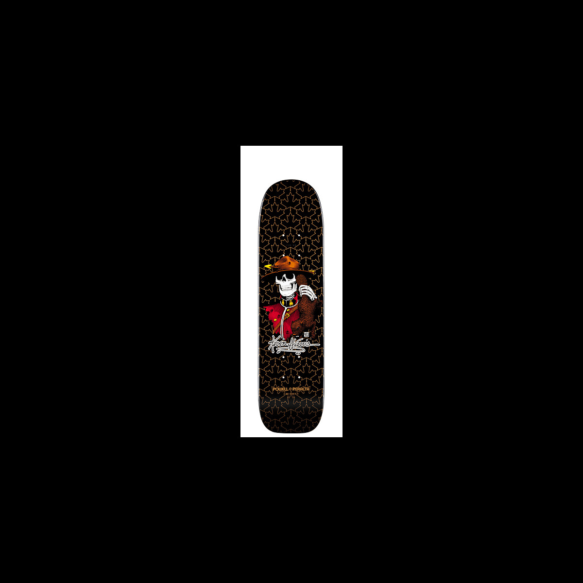 Powell Peralta Kevin Harris Mountie Black skateboard deck: A skeleton in a red tunic and brown mountie hat with a signature beside it, on a black deck covered in a faint orange geometric star pattern. Powell Peralta logo below.