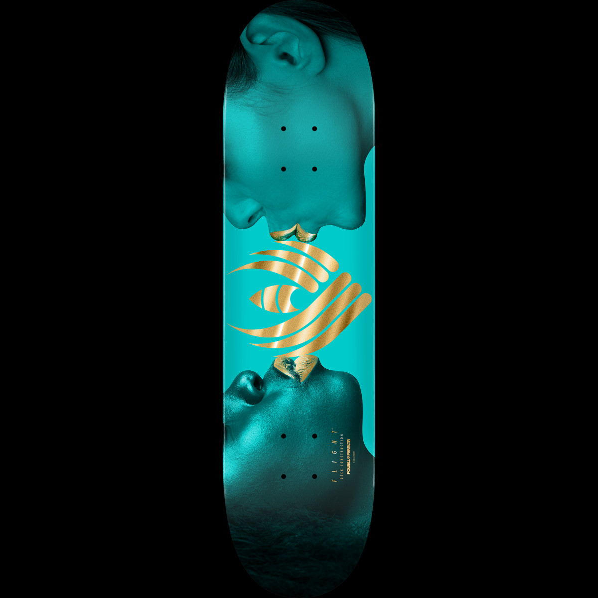 Powell Peralta Kiss FLIGHT Teal/Gold Foil 8.13" K26 skateboard deck: A teal-toned photographic image of two faces in profile, mouths almost meeting, with a gold foil Flight eye-and-wing emblem between them. Small vertical text sits near the tail.
