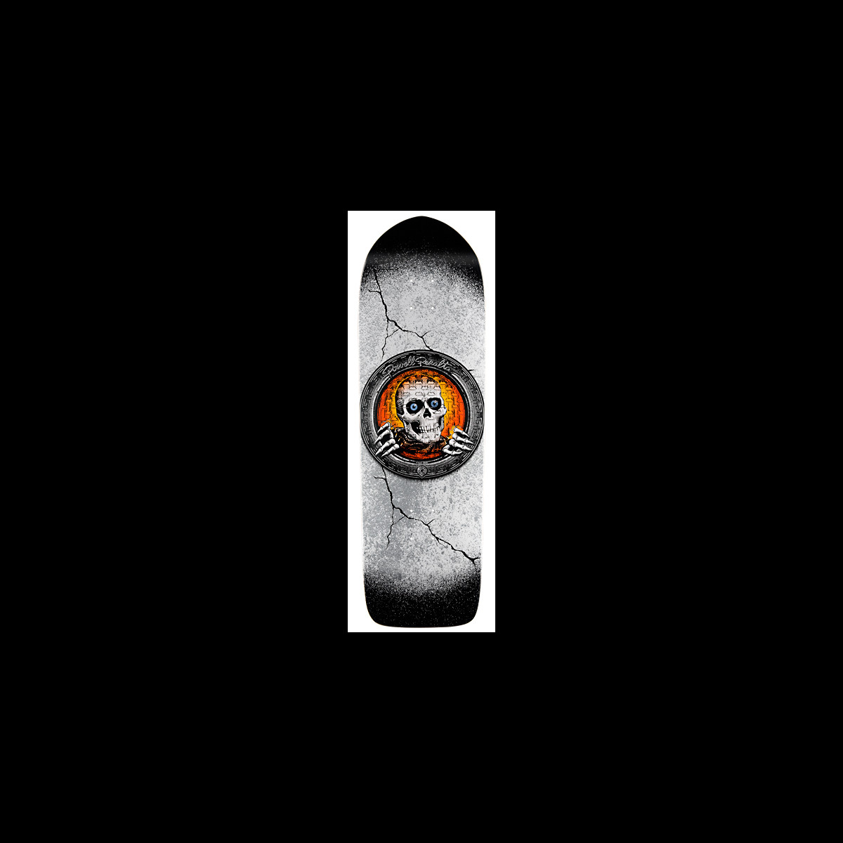 Powell Peralta Large Pool Light Ripper skateboard deck: A Ripper skull with skeletal hands gripping the edge of a round metal porthole-style frame, glowing orange behind it, set on a cracked concrete-textured grey deck fading to black at the nose.