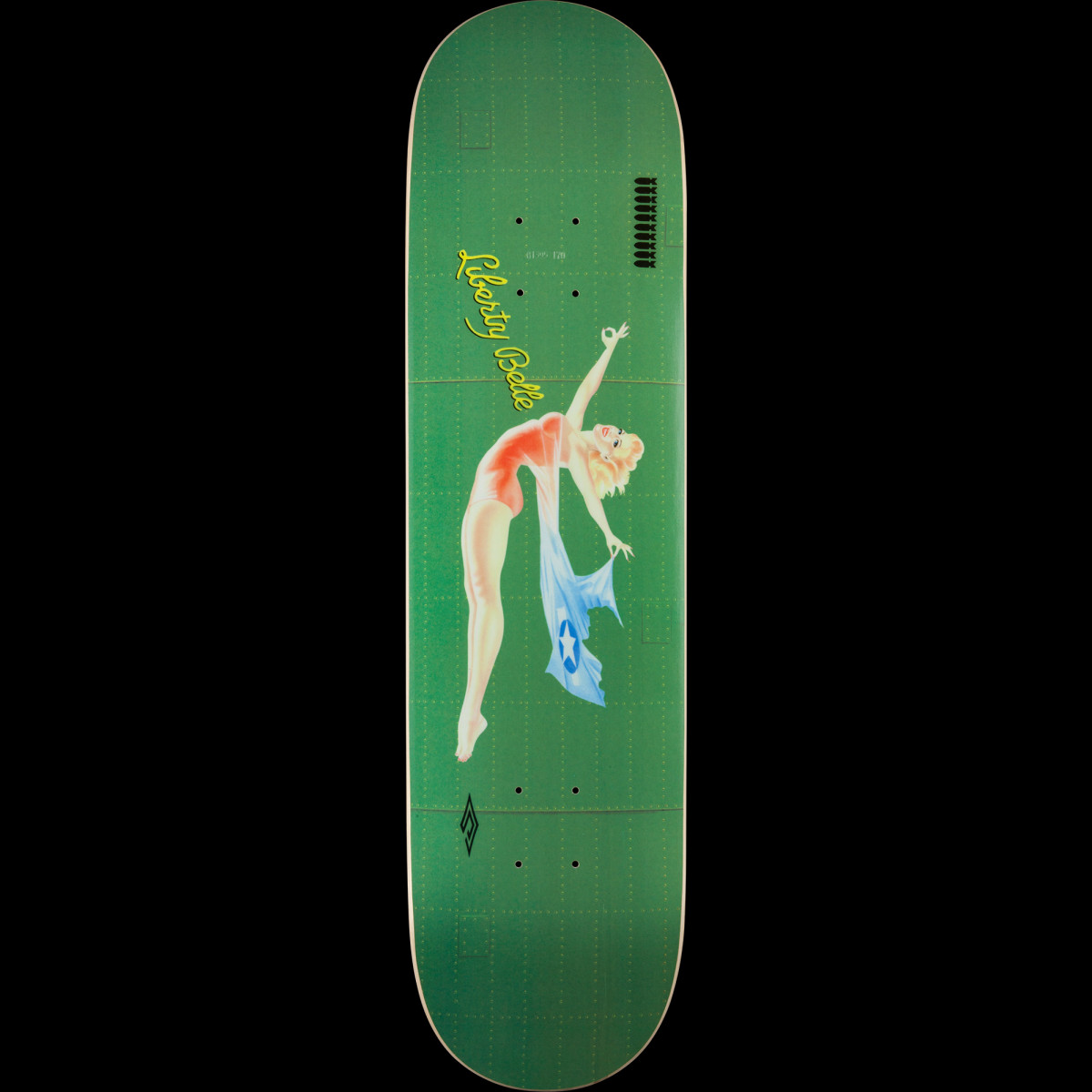 Powell Peralta Liberty Belle Limited Edition - Shape 170 skateboard deck: Green deck textured like an aircraft's riveted metal skin, with a vintage nose-art pin-up woman in a red swimsuit arching back and holding a blue flag with a white star. Yellow script name beside her.