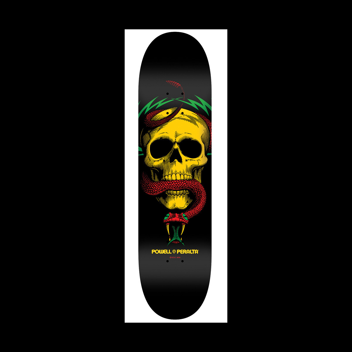 Powell Peralta LIGAMENT BL Skull & Snake 5 skateboard deck: A yellow skull wrapped by a red snake whose head hangs below the jaw, with green lightning-like leaves behind, on a black deck. The Powell Peralta logo is printed in yellow near the tail.