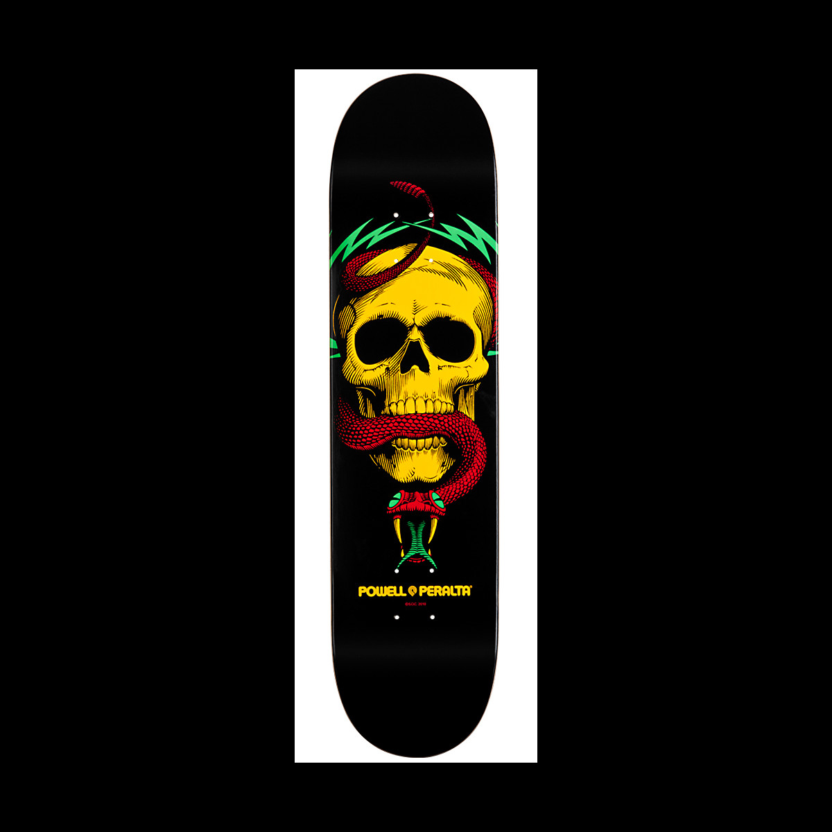 Powell Peralta LIGAMENT BL Skull & Snake 6 skateboard deck: A yellow skull with a red snake coiled through its jaw, topped with green lightning bolts, on a black deck with a Powell Peralta logo below.
