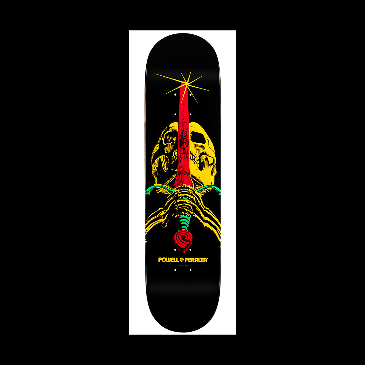 Powell Peralta LIGAMENT Blacklight Rasta Skull & Sword #6 skateboard deck: A yellow skull with skeletal hands gripping a red sword that points upward to a starburst, on a black deck, with rasta-coloured red, yellow and green details.