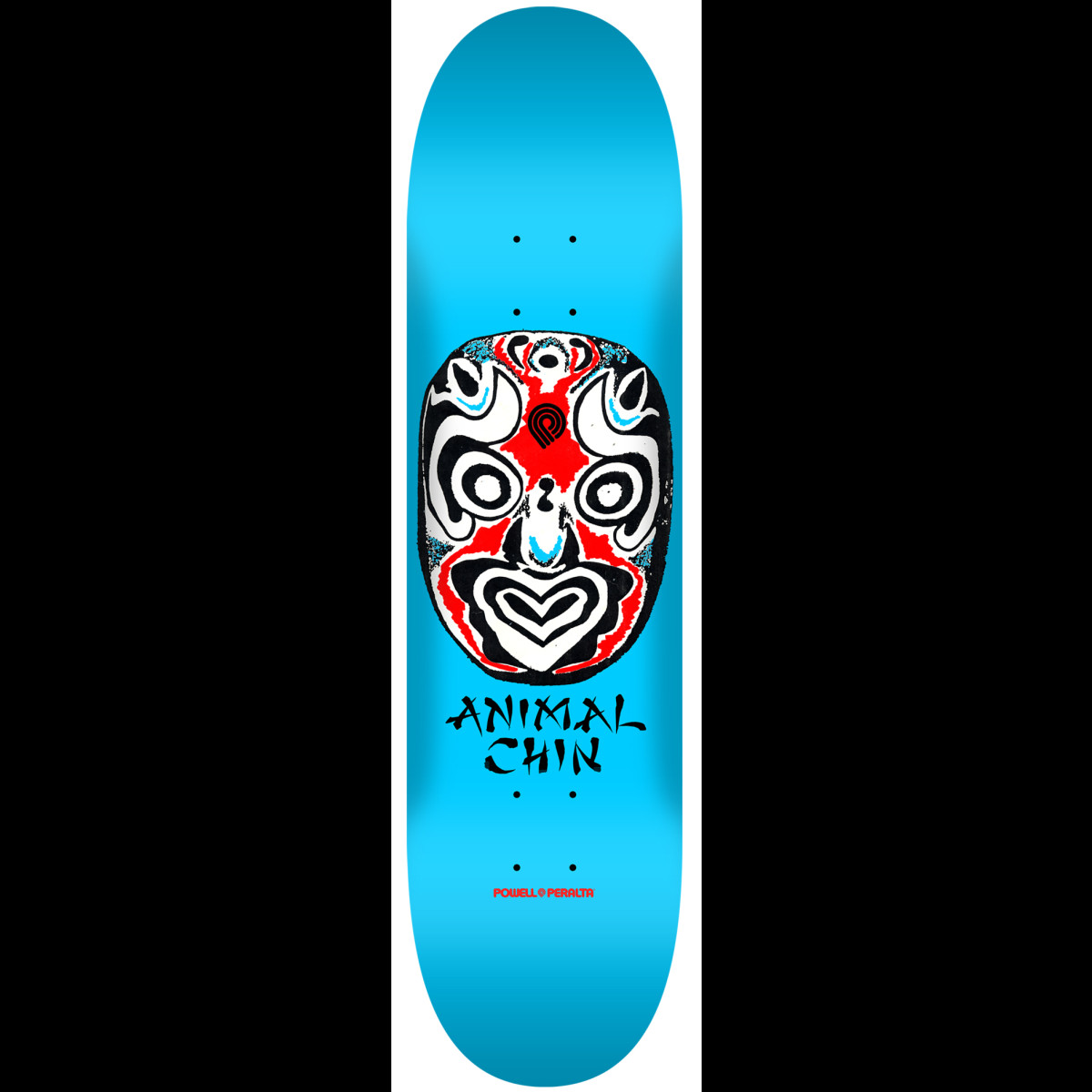 Powell Peralta LIGAMENT Chin Mask Blue skateboard deck: A black, white and red opera-style face mask with swirling patterns sits on a bright sky-blue deck. Brush-style black lettering reading Animal Chin sits beneath it, with a small Powell Peralta logo near the tail.
