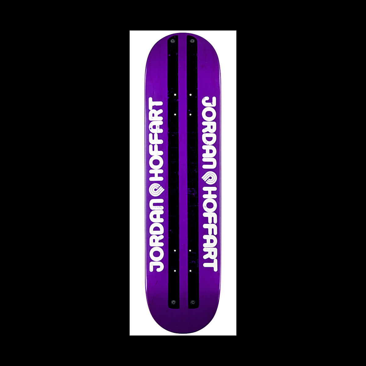 Powell Peralta LIGAMENT Jordan Hoffart Faux Beamer skateboard deck: The rider's name is printed twice in white rounded capitals beside the Powell Peralta logo, either side of two black printed rails, on a purple deck.