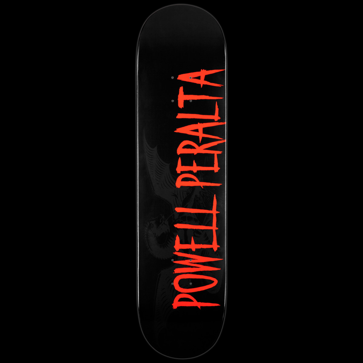 Powell Peralta LIGAMENT Logo Black skateboard deck: Black deck with the Powell Peralta name running along its length in large ragged red capitals, over a faint dark-grey winged creature.