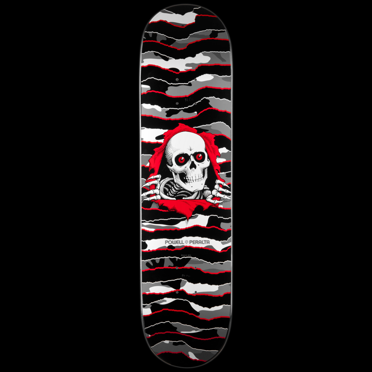 Powell Peralta LIGAMENT New School Ripper 3 skateboard deck: Torn camouflage-stripe deck in black, greys and white with red edges, with the Ripper skull and red eyes bursting through a red ripped hole, skeletal hands gripping the edges.
