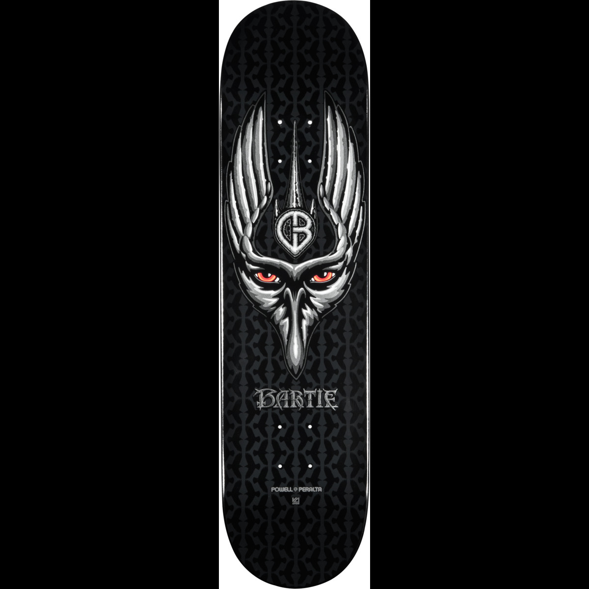 Powell Peralta LIGAMENT Pro Chad Bartie Crow 2 skateboard deck: A silver, winged crow's head with glowing red eyes and a CB monogram on its forehead, on a black deck with a dark repeating gothic pattern. The name Bartie is lettered beneath in a blackletter style.