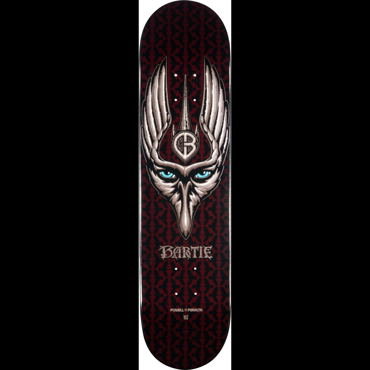 Powell Peralta LIGAMENT Pro Chad Bartie Crow skateboard deck: A silver crow head with winged crest, glowing blue eyes and a CB shield emblem, above 'Bartie' in gothic lettering, on a dark red and black repeating pattern.
