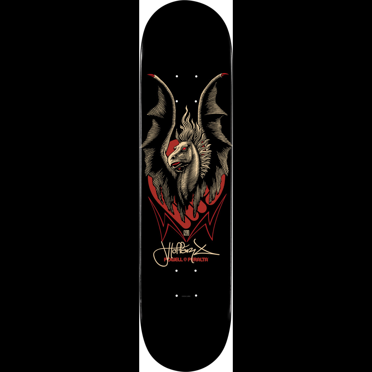 Powell Peralta LIGAMENT Pro Hoffart Pegasus 3 skateboard deck: A winged horse-like creature with red eyes and spread bat wings in cream line engraving sits over red flames and a zigzag shape, with a gold signature, on a black deck.