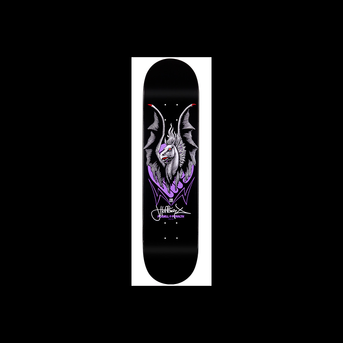 Powell Peralta LIGAMENT Pro Jordan Hoffart Pegasus 1 skateboard deck: A grey and white winged Pegasus head with red eyes in front of purple flames, on a black deck. A signature and the Powell Peralta logo in purple sit beneath it.