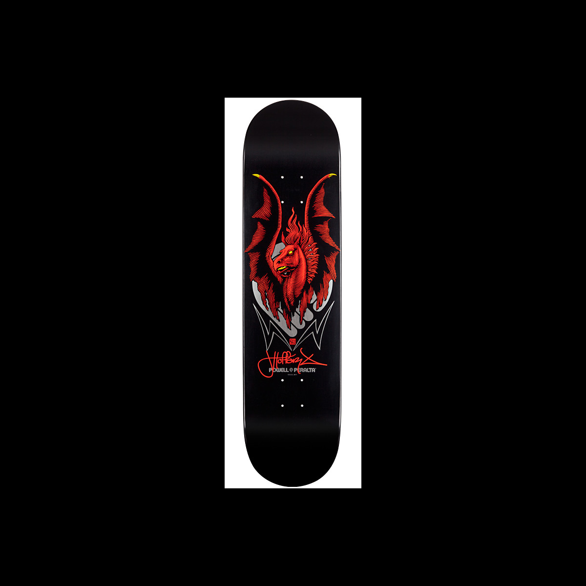 Powell Peralta LIGAMENT Pro Jordan Hoffart Pegasus 2 skateboard deck: A red winged Pegasus head with a flaming mane above a grey flame-like crown shape, on a black deck. A red signature and Powell Peralta logo sit beneath.