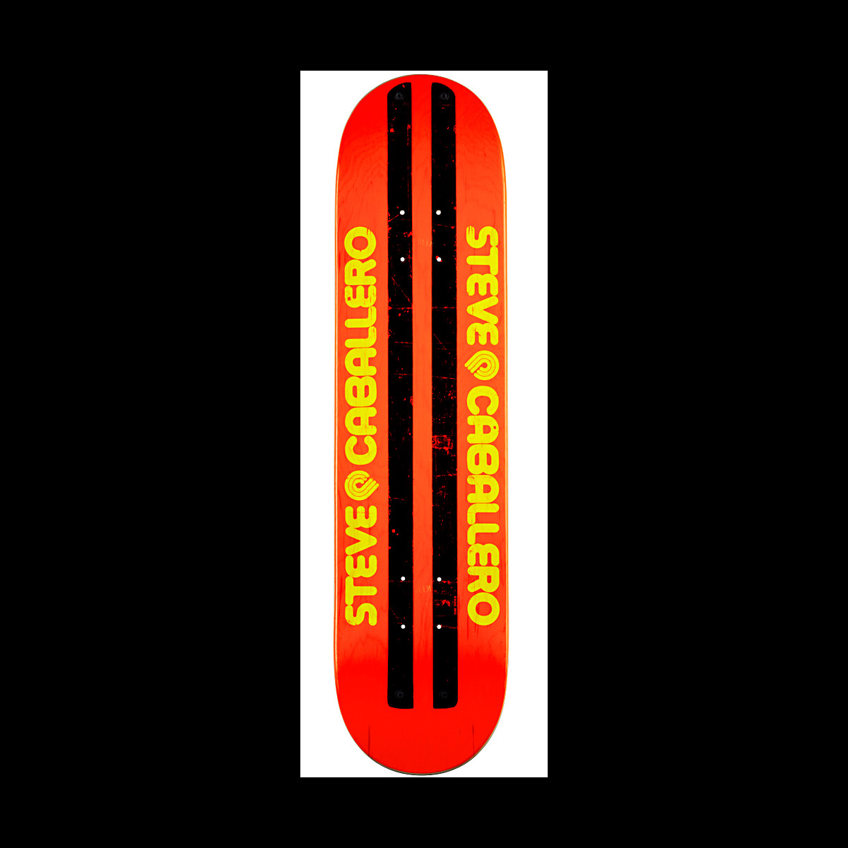 Powell Peralta LIGAMENT Pro Steve Caballero Faux Beamer skateboard deck: The rider's name is printed twice in yellow rounded capitals beside the Powell Peralta logo, either side of two black printed rails, on a red-orange deck.