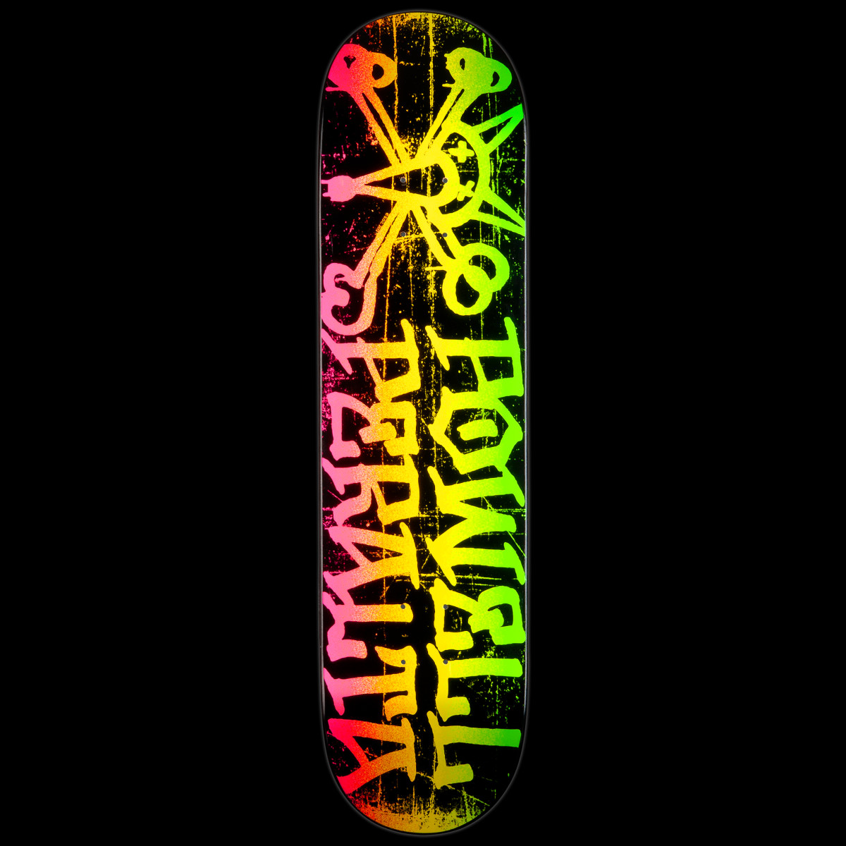 Powell Peralta LIGAMENT Vato Rat 2 skateboard deck: Distressed Vato Rat logo with crossed bones and rough spray-style Powell Peralta lettering, filling the deck with a neon pink, yellow and green gradient on black.