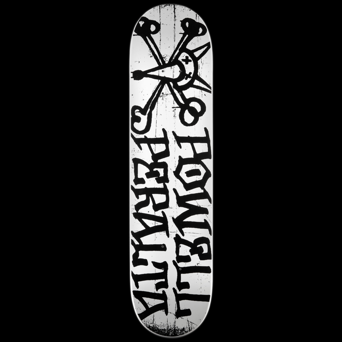 Powell Peralta LIGAMENT Vato Rat 3 skateboard deck: A black grungy Vato Rat bones-and-rat emblem sits above the hand-drawn Powell Peralta name in black lettering on a distressed white deck.